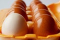 Close-up of raw chicken eggs in an egg orange box on a light background Royalty Free Stock Photo