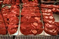 Close-up of raw diced beef in showcase of butcher shop. Bloody Meat Chops