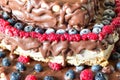 Close up raw healthy vegan cheesecake with chocolate, raspberries, blueberries and nuts. Raw diet. Royalty Free Stock Photo