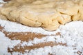 Close Up of Raw Pastry Dough on Floured Wooden Surface Royalty Free Stock Photo