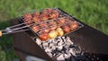 Close up of raw potatoes on the grill outdoors on green medow background, vegetarian meal. Art. Delicious picnic in a