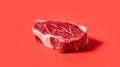 Close-up raw rib eye steak isolated on red background. Generative AI