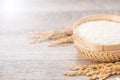 Close up raw rice and unmilled rice in traditions bamboo basket on wooden background, copy spacetext space, blank for text Royalty Free Stock Photo