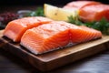 Close up Raw salmon fillets on a natural, wooden table setting