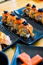 Close up of raw salmon rolls mixed sliced fish,Japanese food Royalty Free Stock Photo