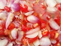 Close up of Raw Shallots and Red Bird Eye Chili