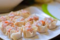 Close up raw Traditional chinese food dumpling called Shumai in Thailand called kanom jeep