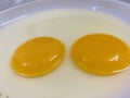 Twin raw egg yolks with egg whites in a plate