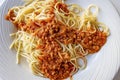 Close up spaghetti with sauce on white plate Royalty Free Stock Photo