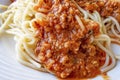 Close up spaghetti with sauce on white plate Royalty Free Stock Photo