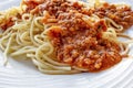 Close up spaghetti with sauce on white plate Royalty Free Stock Photo