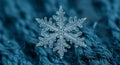 Close-up of a real snowflake with intricate, symmetrical crystalline patterns. The