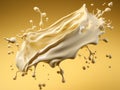 Close up of a realistic almond Milk splash isolated on yellow background. Gollden milk or moon milk with splash and drops on