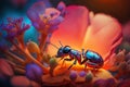 Close up Realistic Ants finding food over colorful flowers. Created with Generative Ai
