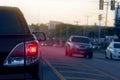 Close-up rear side of pickup car lights from brake. Cars parked close to each other during traffic jams. Royalty Free Stock Photo