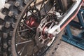 Close-up rear studded wheel off-road motorcycle Royalty Free Stock Photo