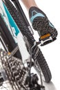 Close up rear view cyclist pedalling mountain bike. Royalty Free Stock Photo