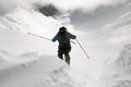 close-up rear view of skier descending from mountain on powdery snow on splitboard