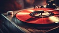 A close up of a record player with red vinyl spinning, AI