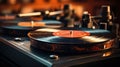 A close up of a record player with several records on it, AI