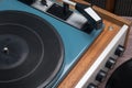 close-up of a record player with switches for vinyl records, a needle for playing music, top view a a Royalty Free Stock Photo