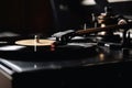 Close up of a record player with a tonearm on a vinyl record created with generative AI technology