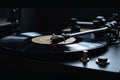 Close up of a record player with a tonearm on a vinyl record created with generative AI technology