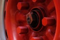 Close up red alloy wheel car