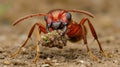 Macro Shot of a Red Ant Carrying Soil Home, Insect Close-up Royalty Free Stock Photo