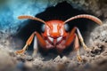 Close-up of a red ant emerging from its underground nest Royalty Free Stock Photo