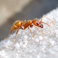 Close-up of a red ant on white sandy surface with detailed features Royalty Free Stock Photo