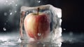 Close up of red apple frozen in ice cube with water drops on black background, Generative AI