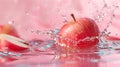 A close up of a red apple splashing in water, AI Royalty Free Stock Photo