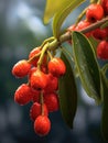 Close-up of red berries hanging from branches of an oak tree. These juicy, ripe berries are covered in water droplets Royalty Free Stock Photo
