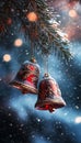 Close up of red and black christmas bells hanging on a tree with blurred background and snowfall Royalty Free Stock Photo