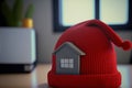 Close up of a Red Bonnet and a House with Insulation Symbol in an office lobby Royalty Free Stock Photo