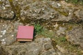 Close up of red book on old gray stones overgrown with green and brown moss and grass in park or forest. Natural Royalty Free Stock Photo