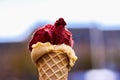 Close up of of red and brown scoops of ice cream in waffle cone against blurred background