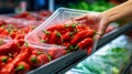 Close-up of a red chili pepper in a plastic package is taken from the shelf of the store counter, a man chooses vegetables in the