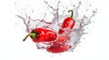 Close up red chili water splash floating in the air isolated on white background