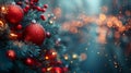 Close-up red Christmas balls adorned with droplets and berries on fir tree branches, with sparkling bokeh lights in background, Royalty Free Stock Photo