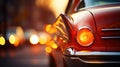 A close up of a red classic car with its lights on, AI Royalty Free Stock Photo