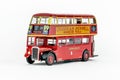 Close up of red classic vintage London double-decker bus, scale model.