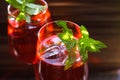 Close up of red cocktail with ice cubes green mint leaves in wine glass Royalty Free Stock Photo