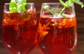 Close up of red cocktail with ice cubes green mint leaves in wine glass Royalty Free Stock Photo