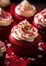 a close up of a red cupcake with white frosting and sprinkles Royalty Free Stock Photo