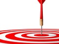 Close up of red dart hit to center of red dartboard. Arrow on bullseye in target. Business success, investment goals, purpose Royalty Free Stock Photo