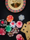 Close up red dice poker gambling table casino.