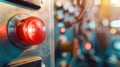 Close-up of a red emergency button on a control panel. The background features various knobs and lights, suggesting a Royalty Free Stock Photo