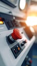Close up of red emergency stop button and control panel in a train cab Royalty Free Stock Photo